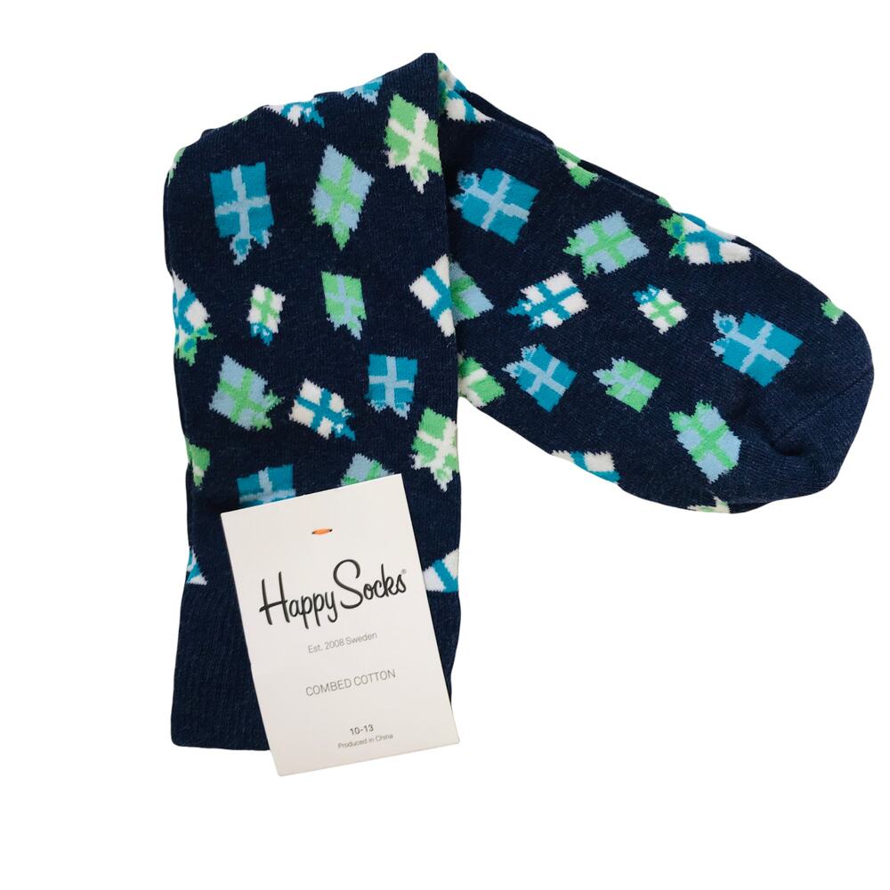 Happy Socks Cotton Present Package Blue Green White Christmas Holiday Unisex NEW
